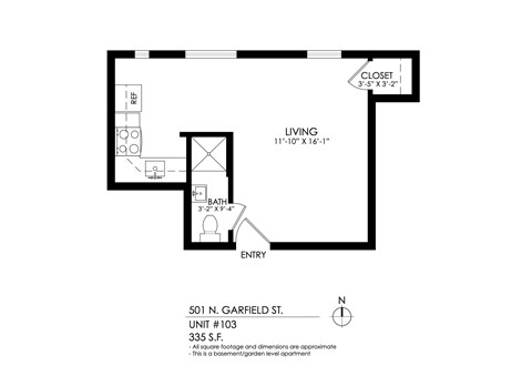 Floor plan for studio, 1 bath, 335 sqft